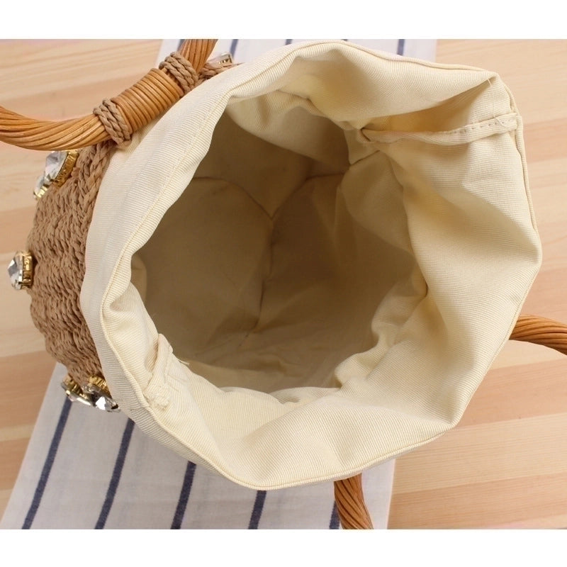 Women's Small Spring&summer Straw Solid Color Vacation Bucket String Straw Bag