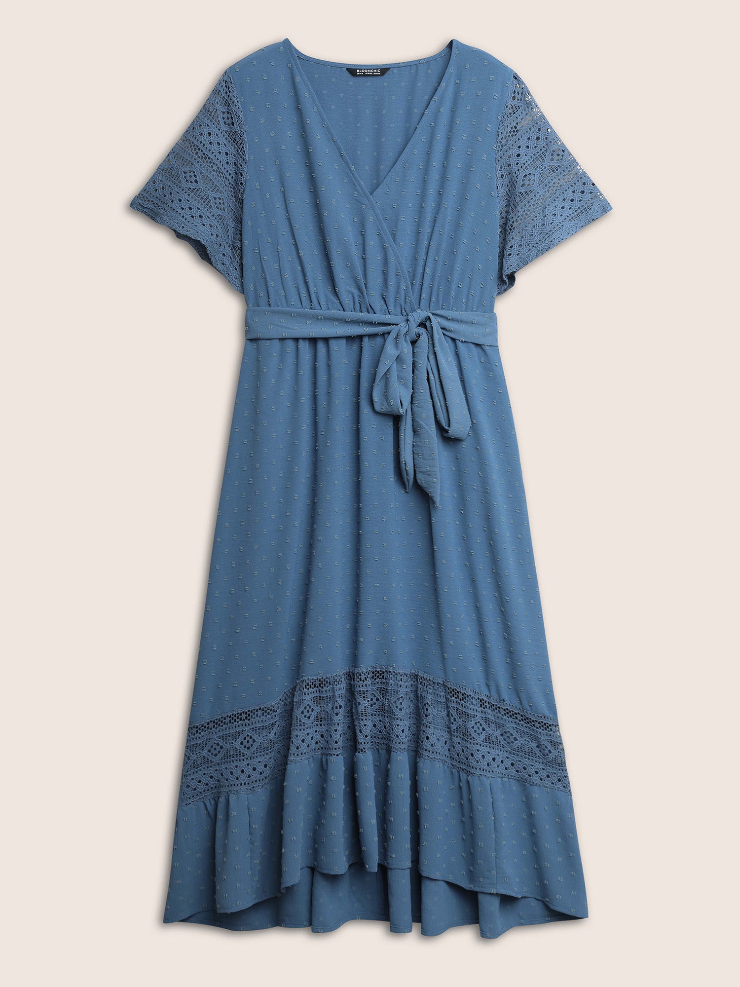 Solid Wrap Pocket Belted Contrast Lace Ruffle Trim Maxi Dress