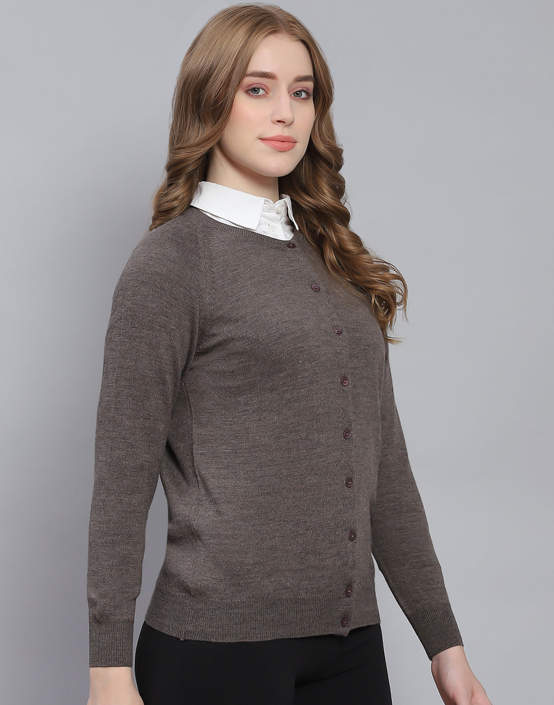 Women Grey Solid Round Neck Full Sleeve Cardigan