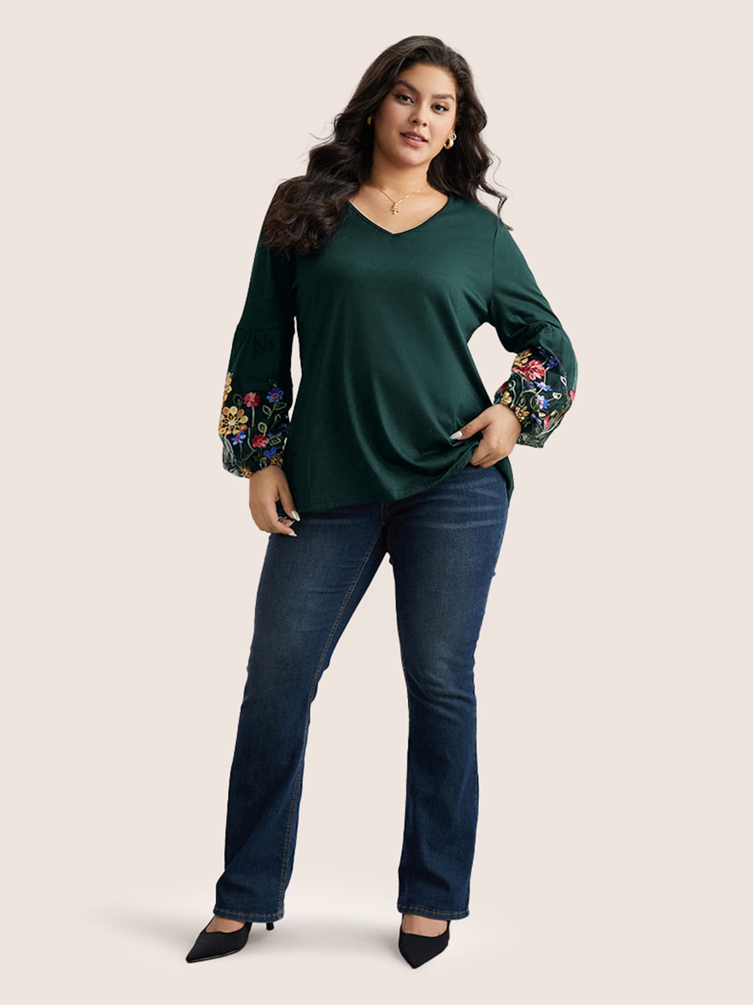 Floral Embroidered Lantern Sleeve T-shirt
