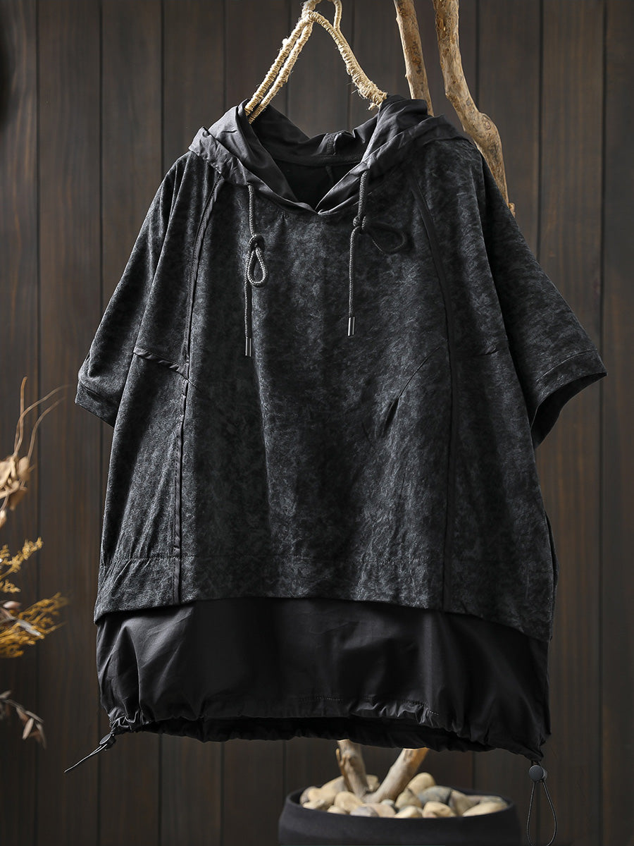 Women Summer Casual Spliced Sleeve Hooded Shirt