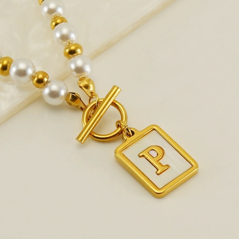 Stainless Steel 18K Gold Plated Elegant French Style Pearl Plating Inlay Letter Shell Pendant Necklace