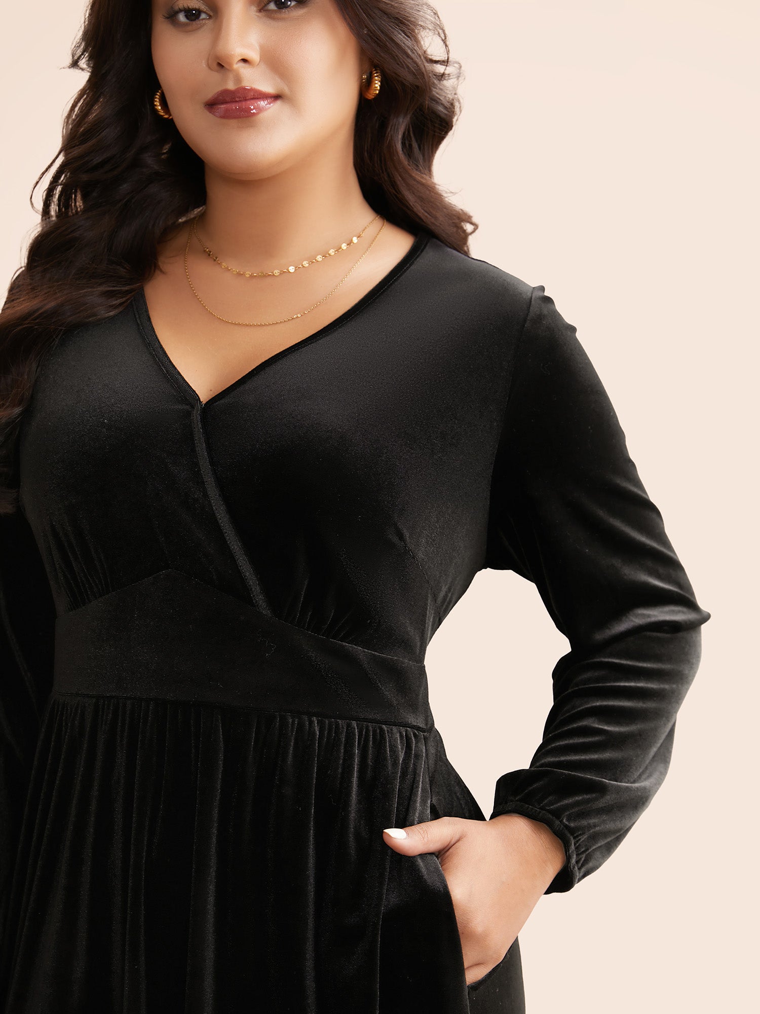 Velvet Overlap Collar Shirred Gathered Dress