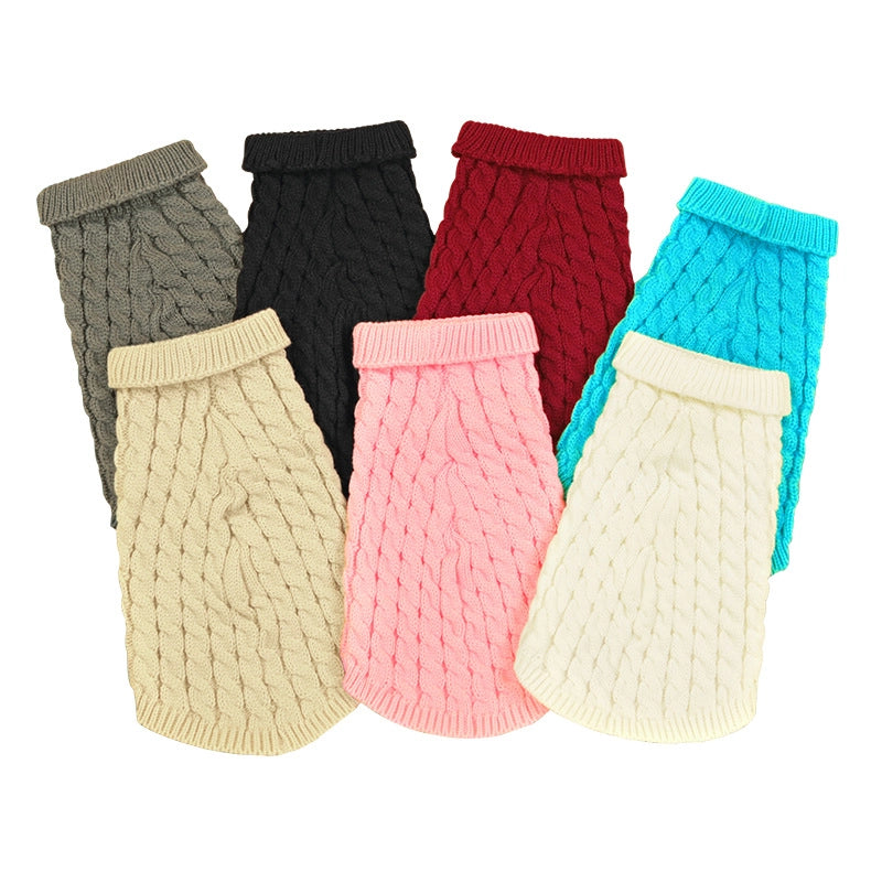 Autumn And Winter Pet Dog Cat Warm Solid Color Classic Twist Sweater Padded High Collar Lapel Wool Clothes
