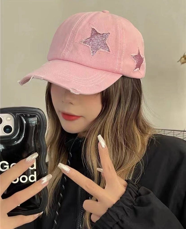 Vintage Ripped Baseball Cap Women's Spring And Summer Korean Style Big Head Face Showing Small Cap Pink Wide Brim Hat Trendy
