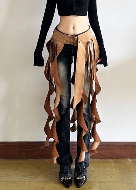 Chic Brown Patchwork Wavy Line Tassel Ribbon Sashes Skirt