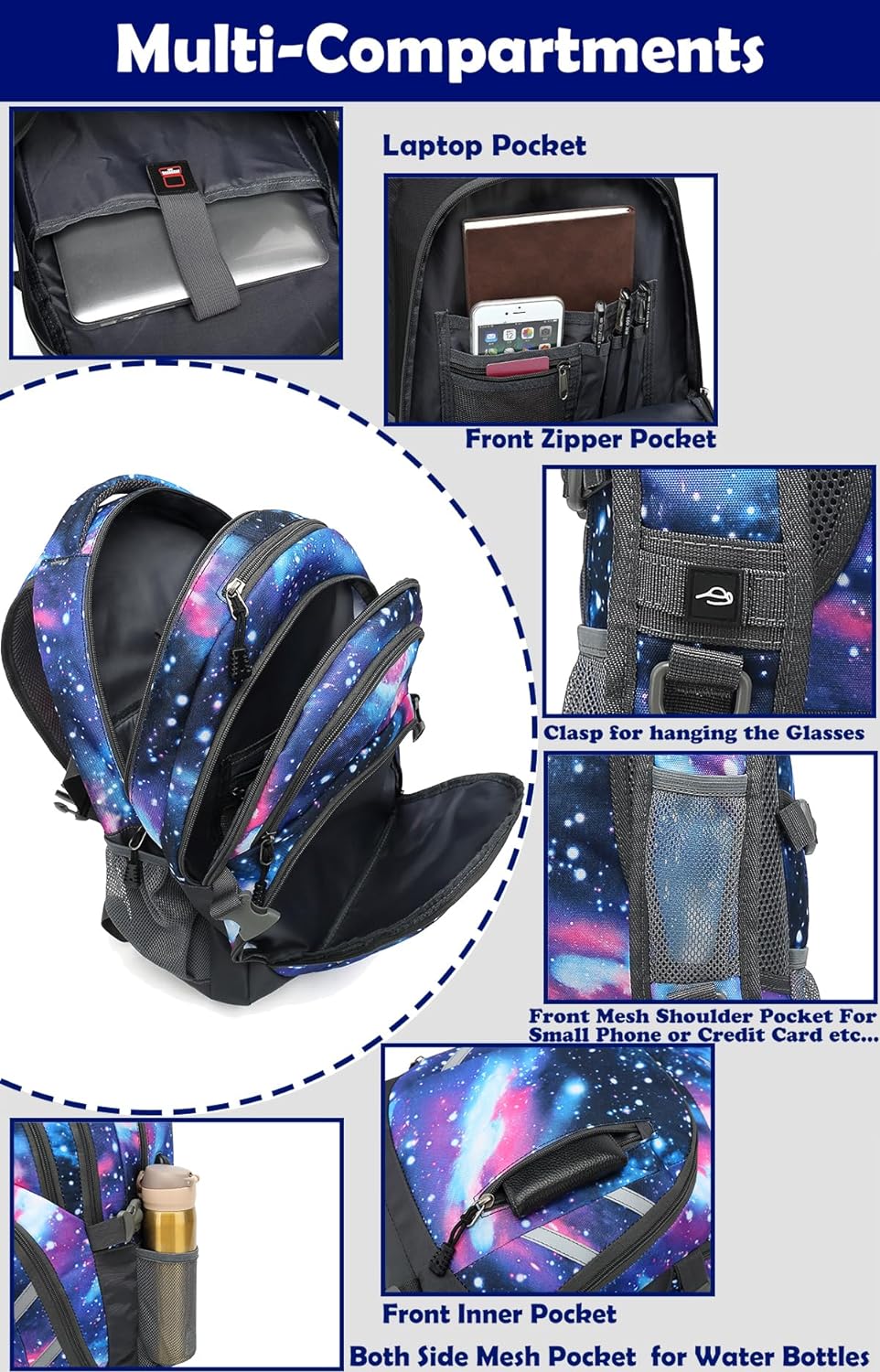ProEtrade Backpack Bookbag for College Laptop Travel,Fit Laptop Up to 15.6 inch with USB Charging Port Multi Compartment Anti theft, Gift for Women Men (Galaxy)