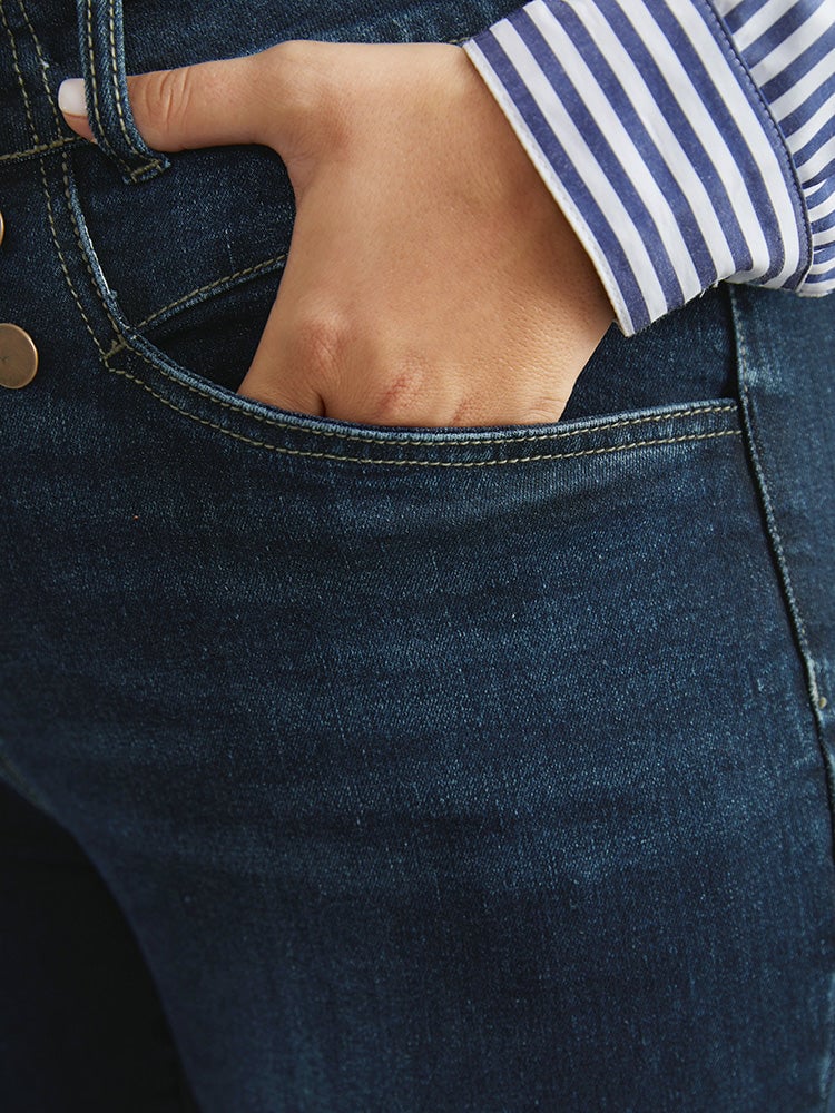 Flare Leg Button Detail High Rise Jeans