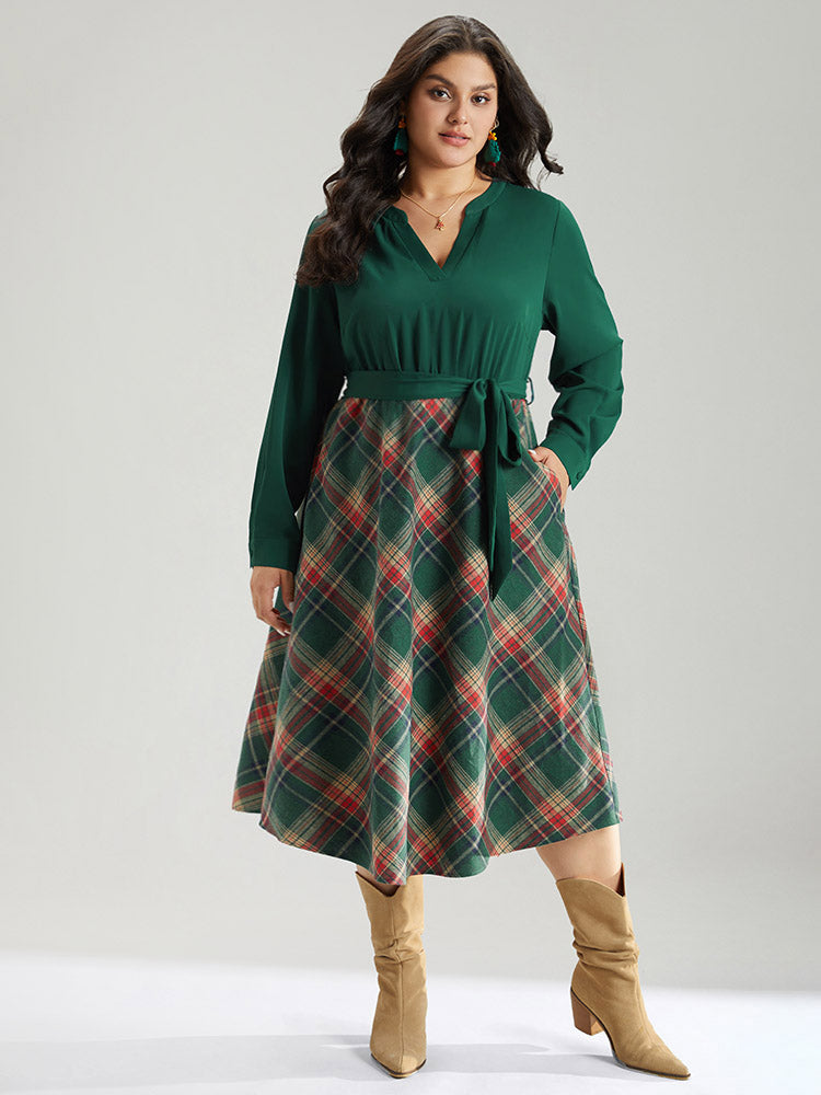 Twill Plaid Print Notched Contrast Belted Dress