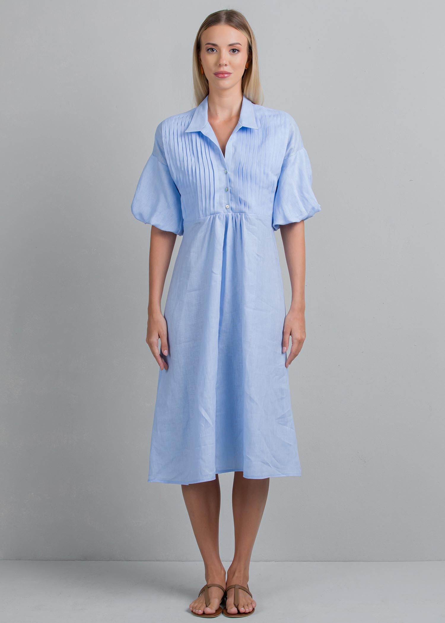 Pintuck detail puff sleeve dress