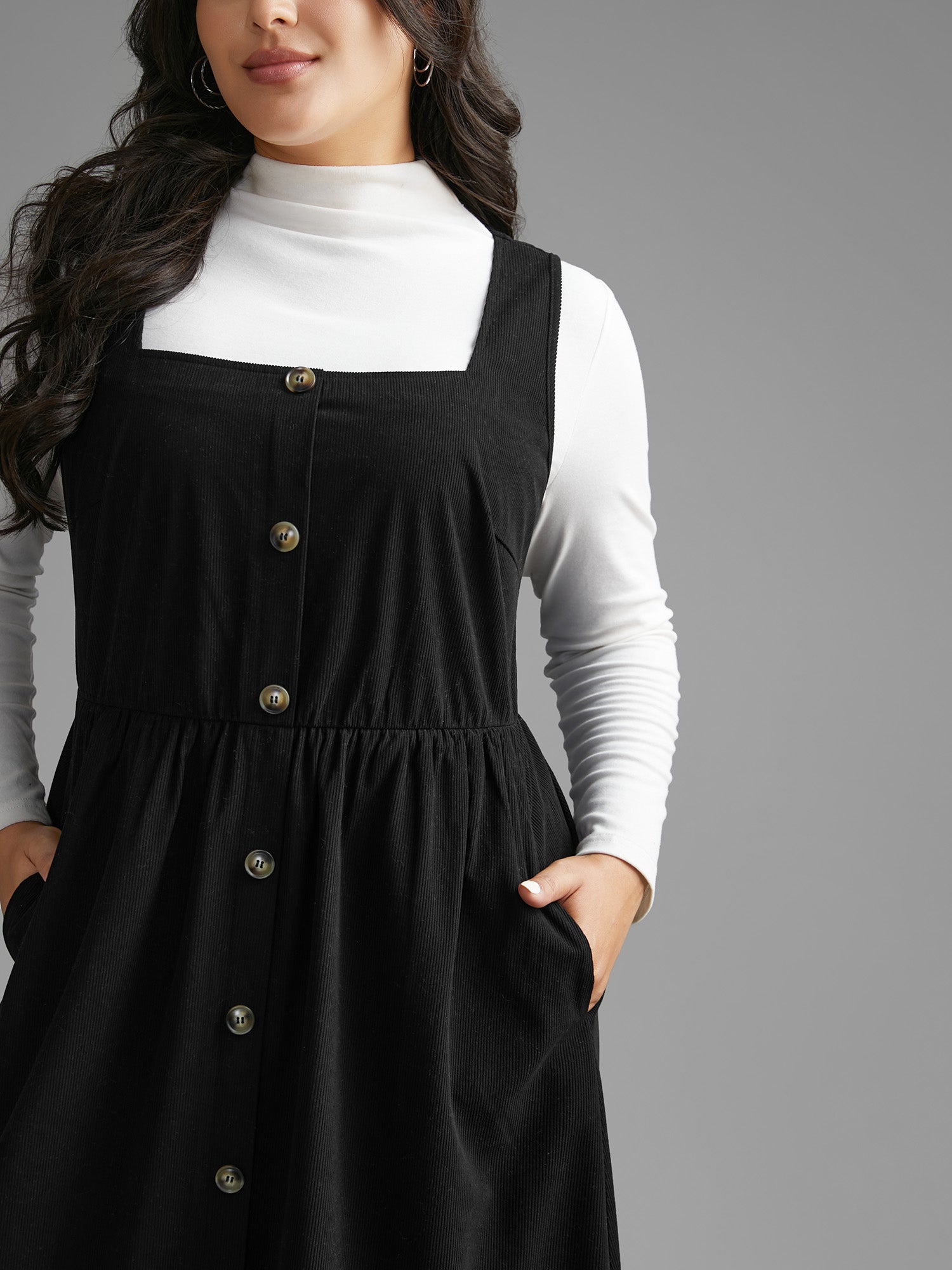 Corduroy Square Neck Button Detail Dress