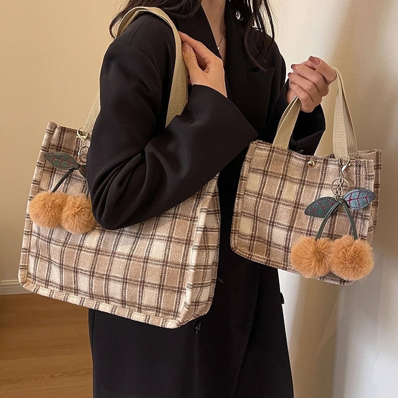 Women's Large Woolen Lattice Elegant Streetwear Square Open Tote Bag