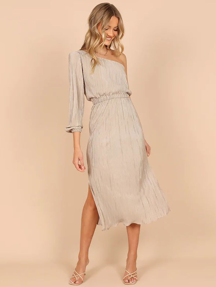 One-Shoulder Slash Neck Solid Color Party Dress(3 Colors)