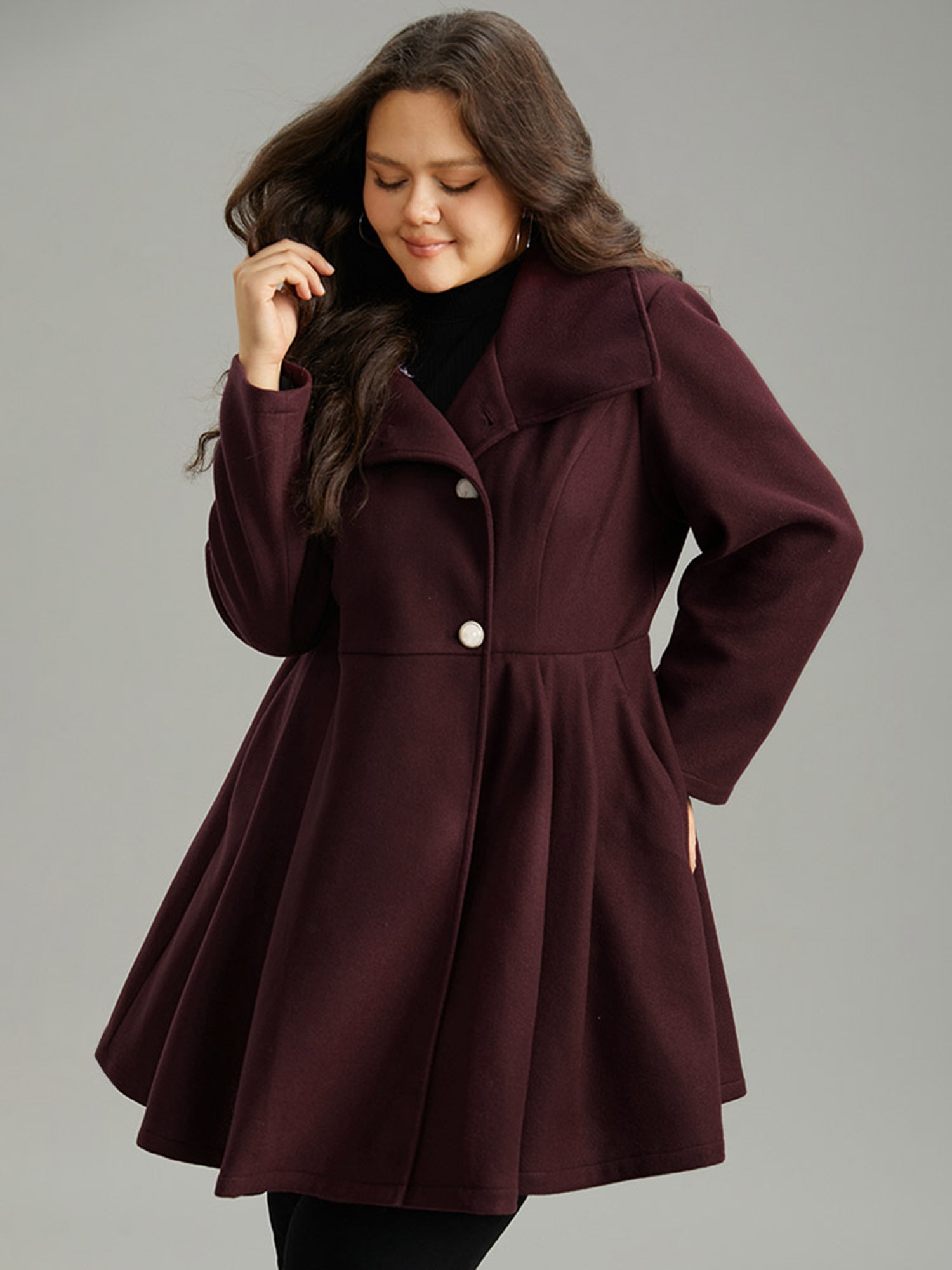 Plain Button Up Pocket Asymmetrical Lapel Collar Coat