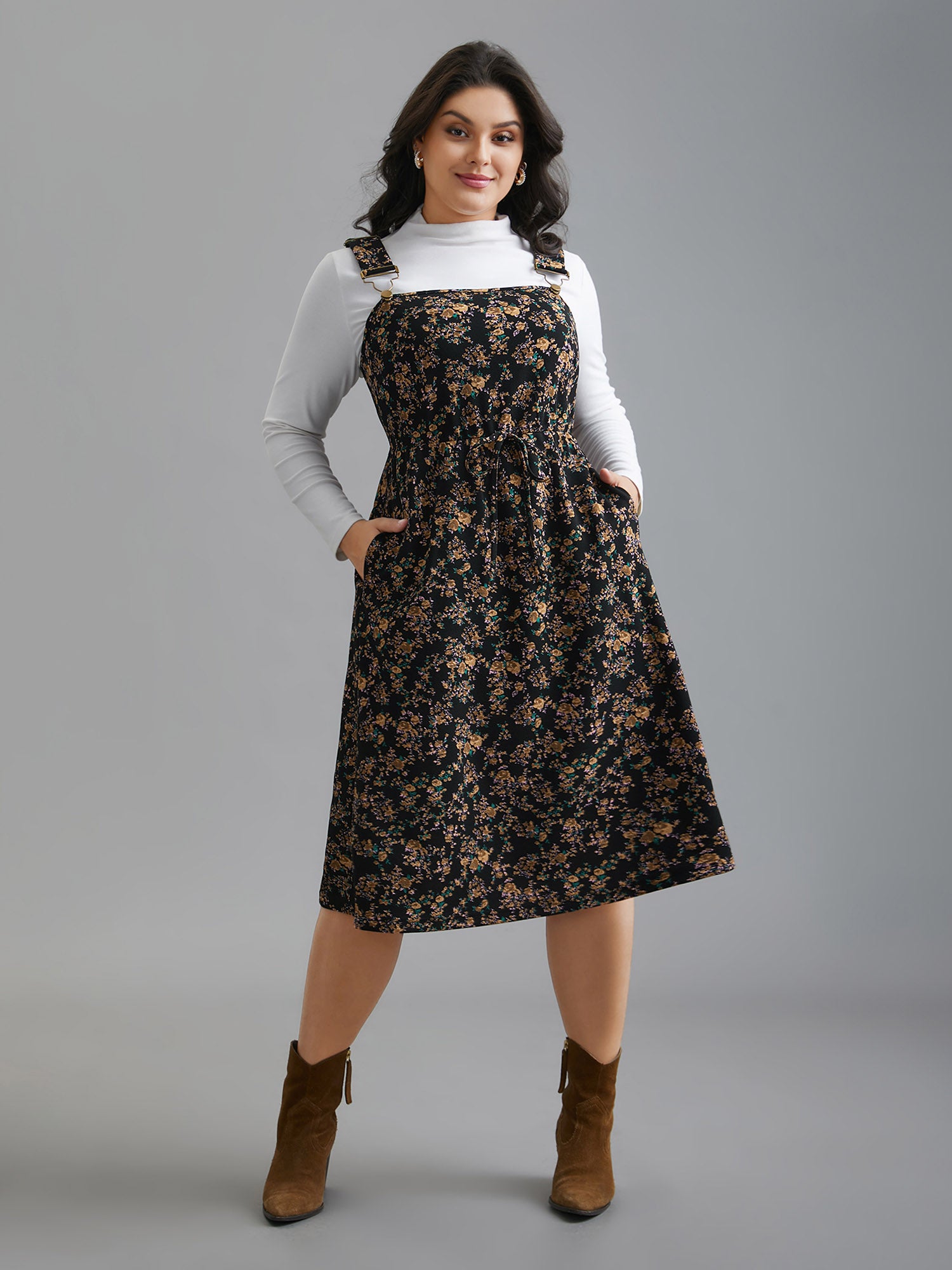 Ditsy Floral Adjustable Straps Drawstring Dress