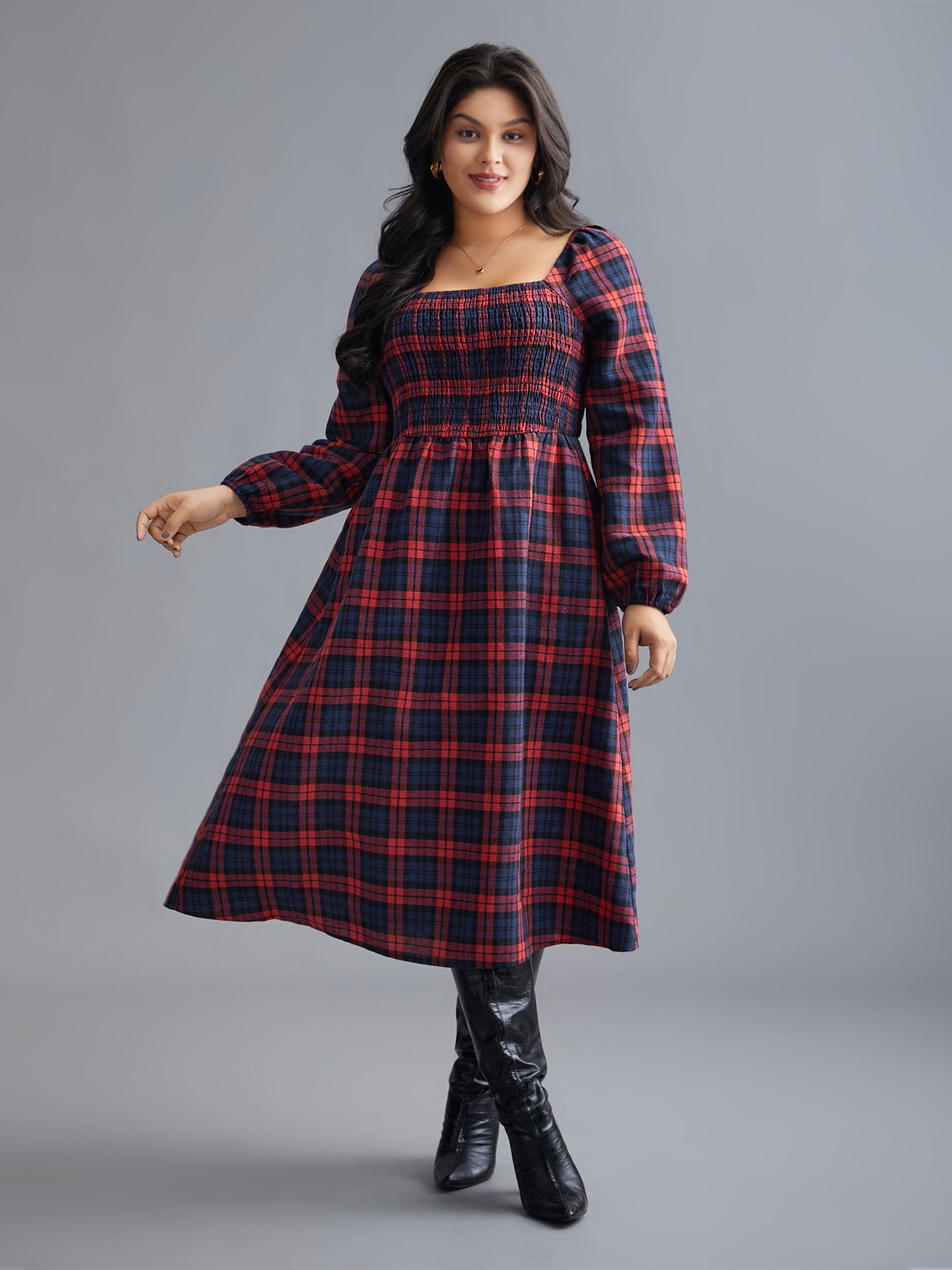 Plaid Square Neck Shirred Midi Dress