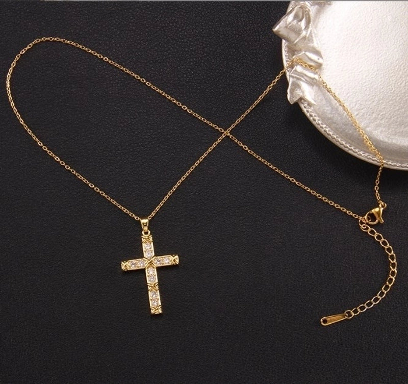 Elegant Lady Cross Copper Plating Inlay Zircon Pendant Necklace