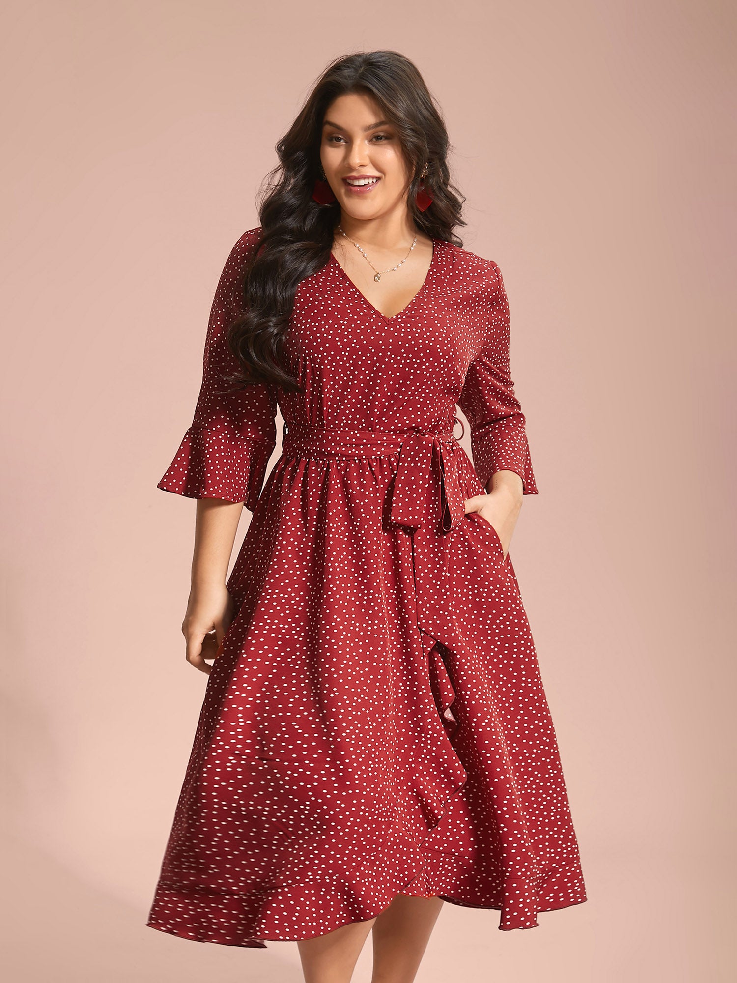 Polka Dots Waist-Tie Ruffled Midi Dress
