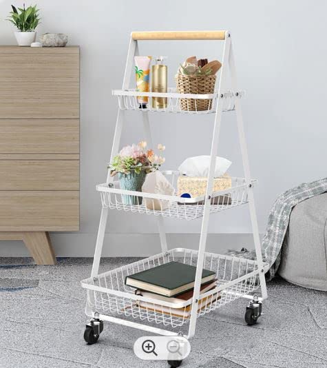 Multi-Function Multi Purpose 3-Tier A Shape Metal Mobile Trolley Cart (White)