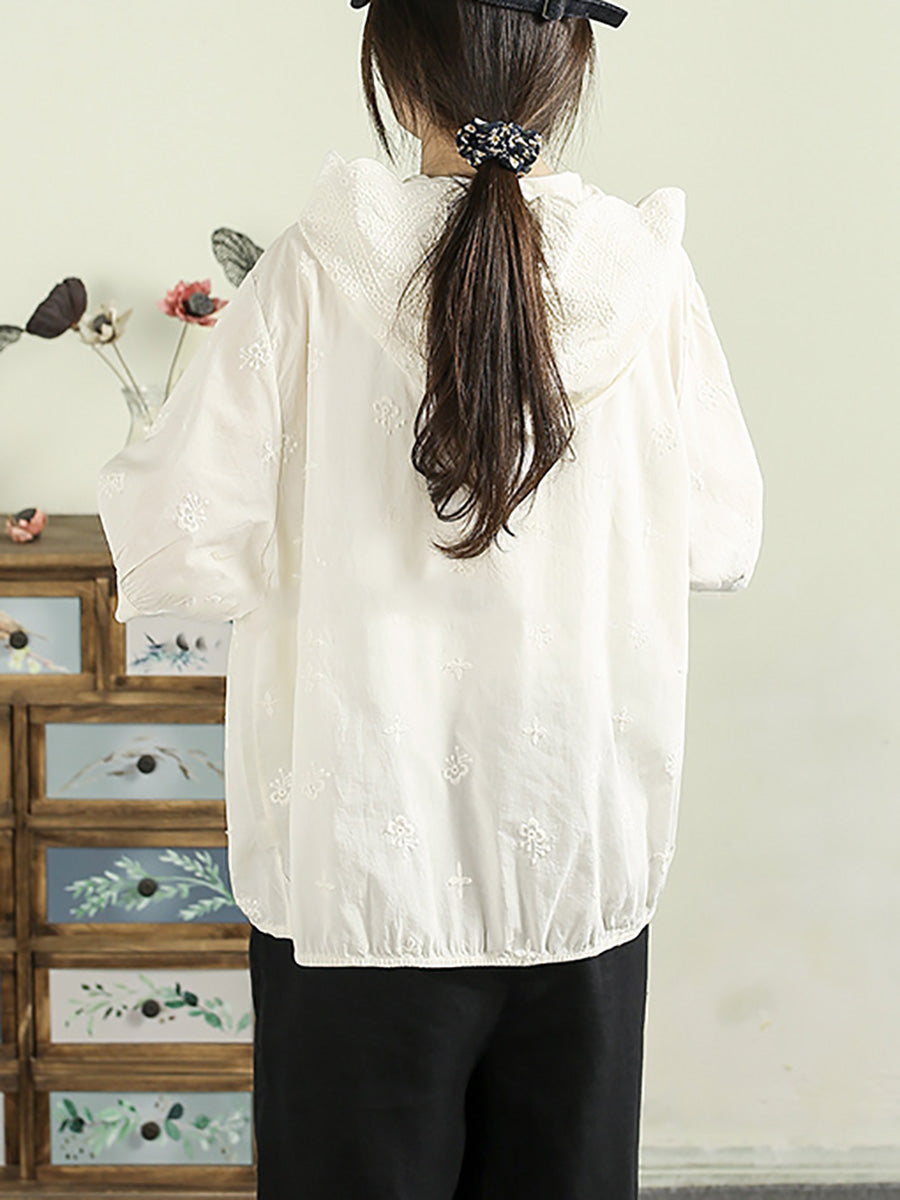 Women Summer Artsy Embroidery Hooded 100%Cotton Shirt