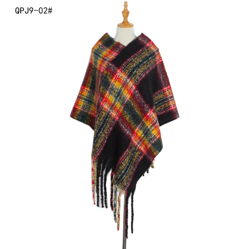 Hot Style New Autumn And Winter Women's Shawl Thick Tassel Loop Yarn Large Plaid Cloak