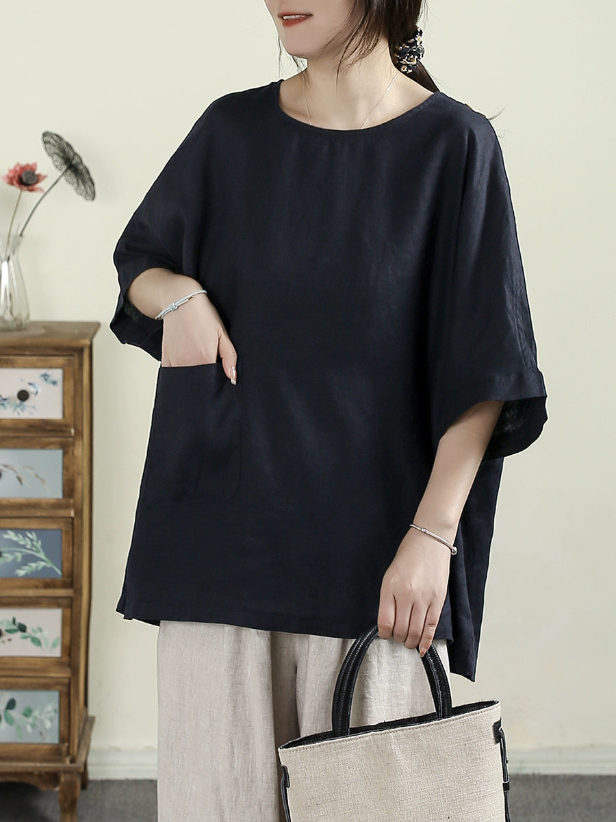Women Summer Vintage Pure Color O-neck 100%Linen Shirt