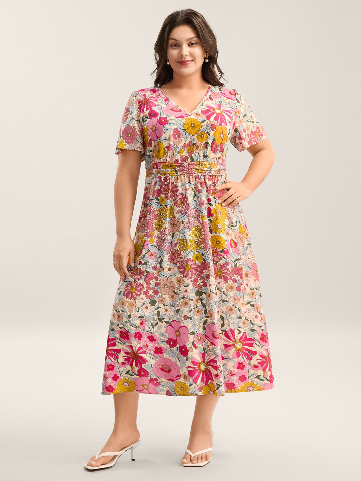 Vibrant Floral Print Pleated Waist Midi Dress