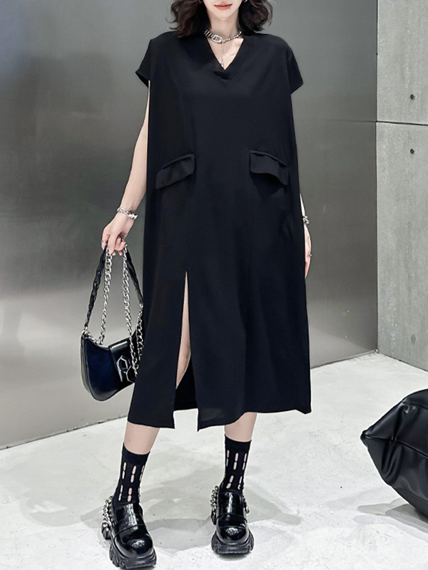 Loose Short Sleeves Asymmetric Solid Color Split-Joint Split-Side V-Neck Midi Dresses