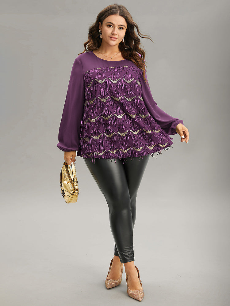 Sequin Tassel Trim Patchwork Lantern Sleeve Blouse