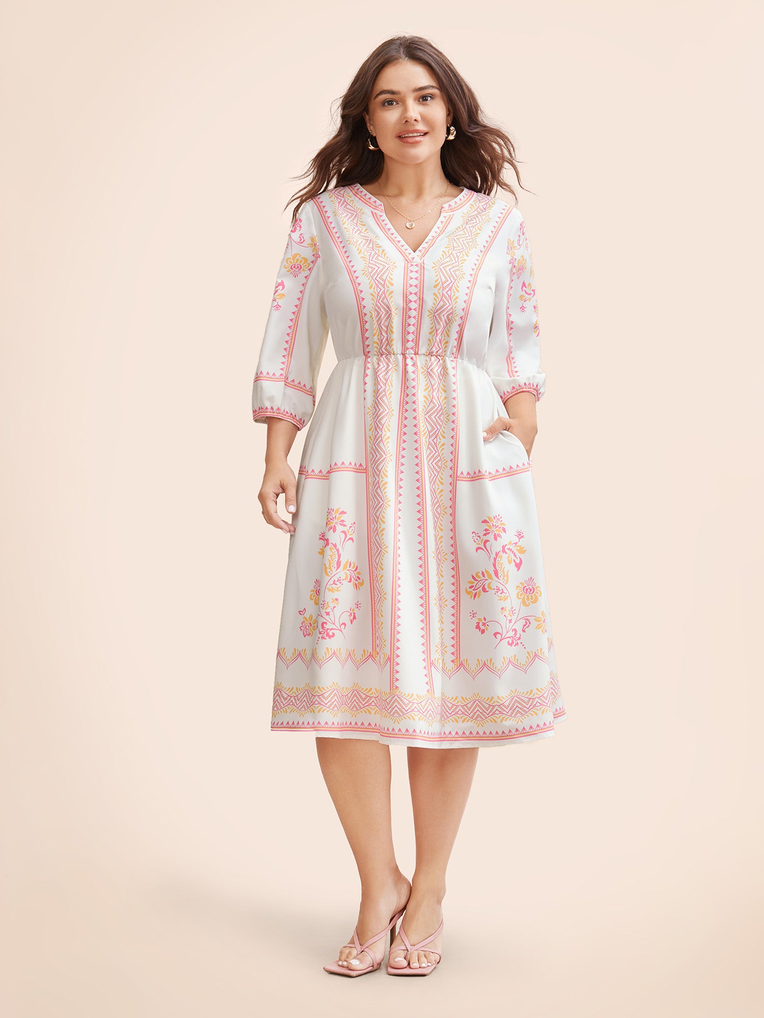 Bandana Notched Collar Lantern Sleeve Dress