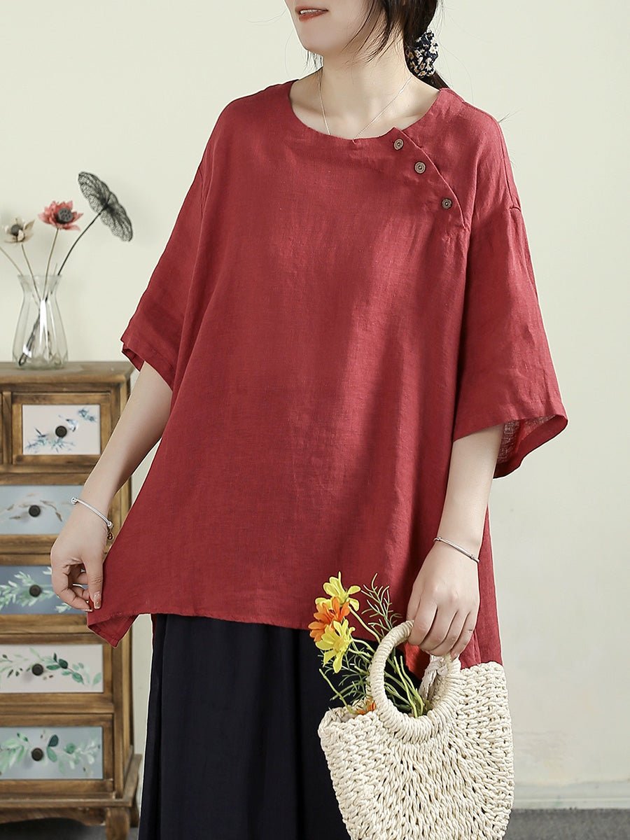 Women Summer Vintage Pure Color O-neck 100%Linen Shirt