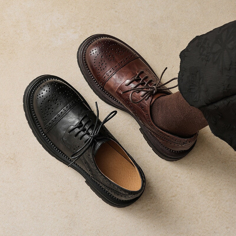 Vintage British Brogue Shoes - Round Toe Low-Heel Lace-Up Oxfords Black/Brown