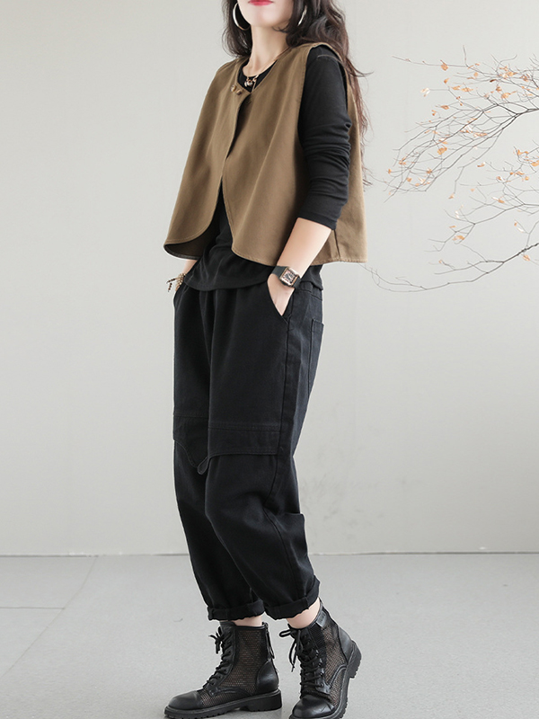 Artistic Retro Loose Sleeveless Solid Color Round-Neck Vest Outerwear