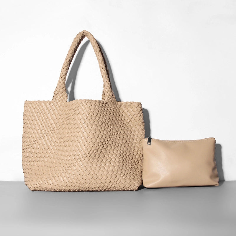 Women's Large Pu Leather Solid Color Classic Style Streetwear Weave Bucket Magnetic Buckle Bag Sets