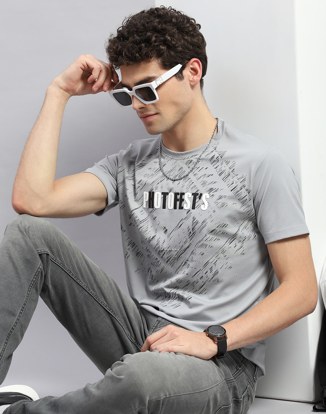 Men Grey Printed Round Neck Half Sleeve T-Shirt