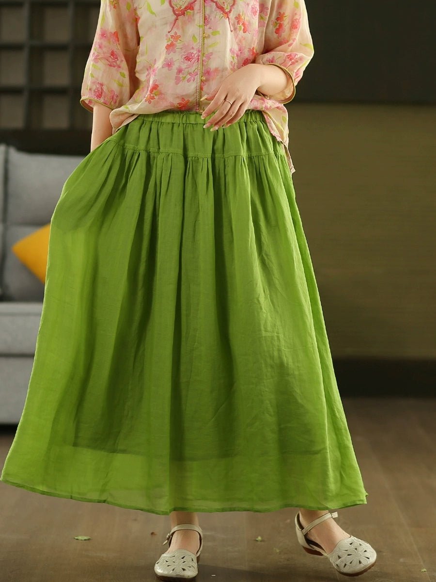 Women Summer Pure Color Spliced 100%Ramie Skirt