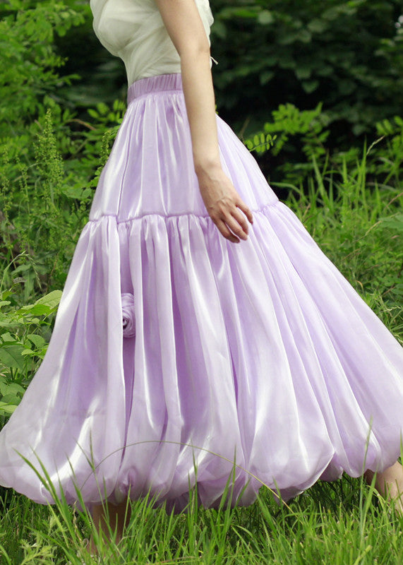 Floral Purple Solid Elastic Waist Silk Skirts Summer