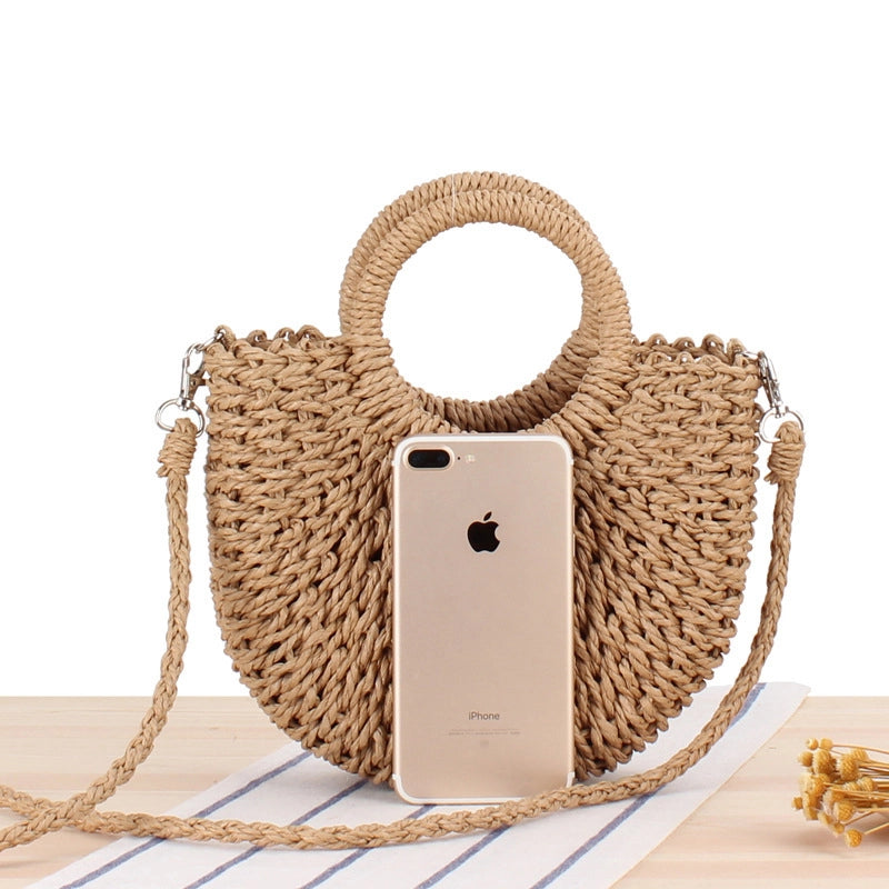 Women's Small Spring&summer Straw Solid Color Vacation Semicircle String Straw Bag
