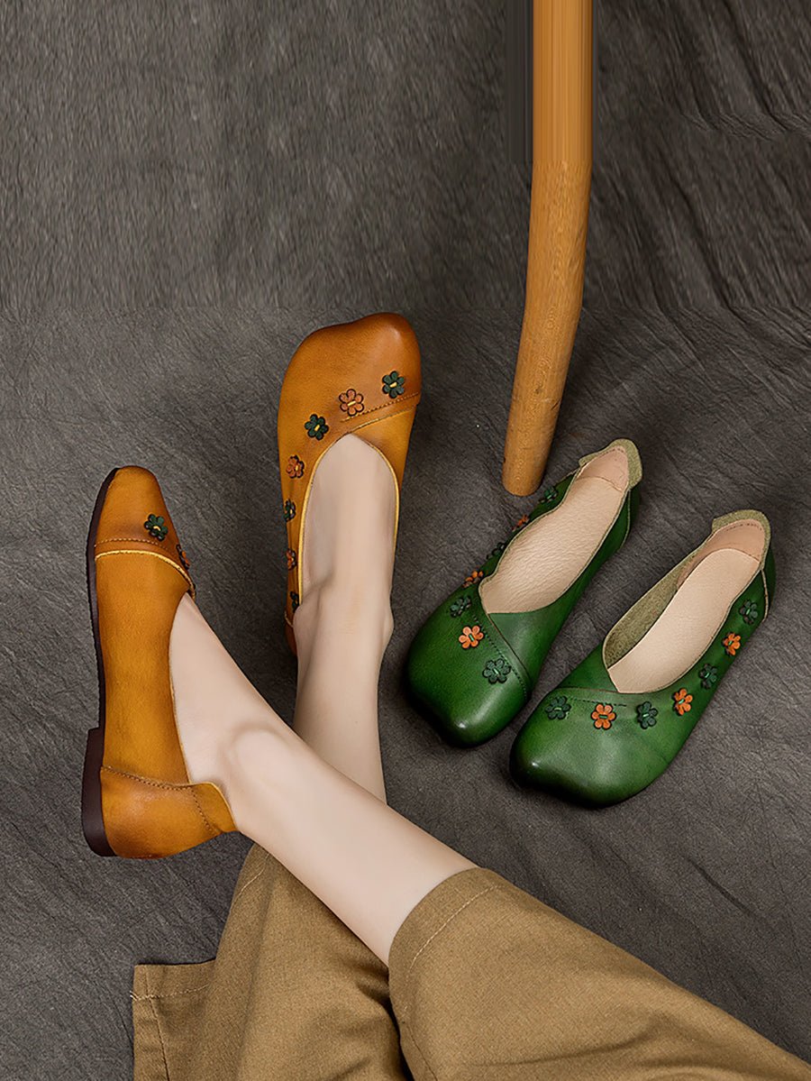 Women Vintage Summer Leather Flower Spliced Flat Shoes