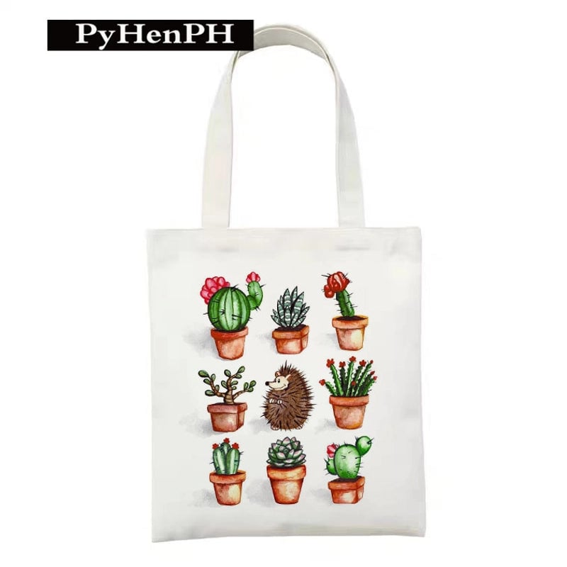 Women's Polyester Cartoon Leaves Streetwear Square Open Canvas Bag