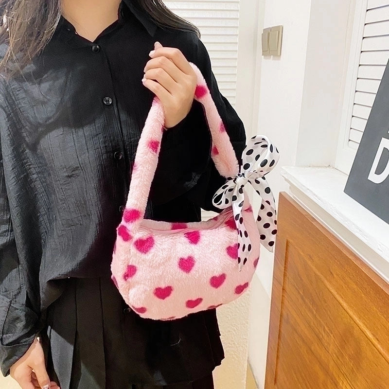 Women's Small Summer Velvet Flower Classic Style Pillow Shape Zipper Shoulder Bag