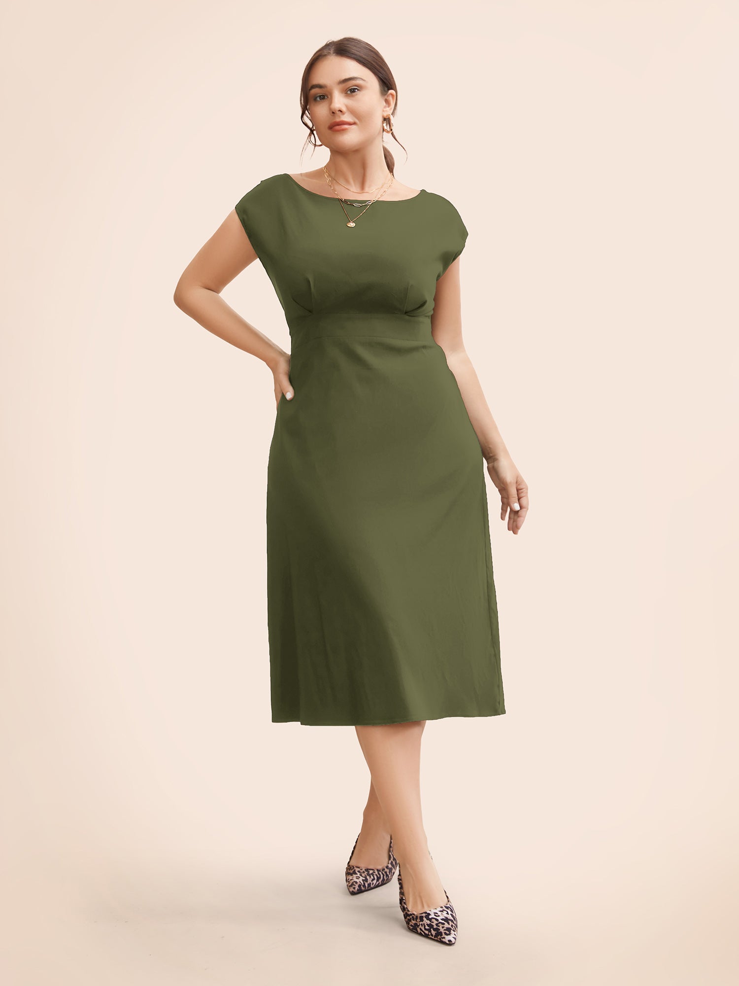 Stretch Woven Cowl Neckline Midi Dress