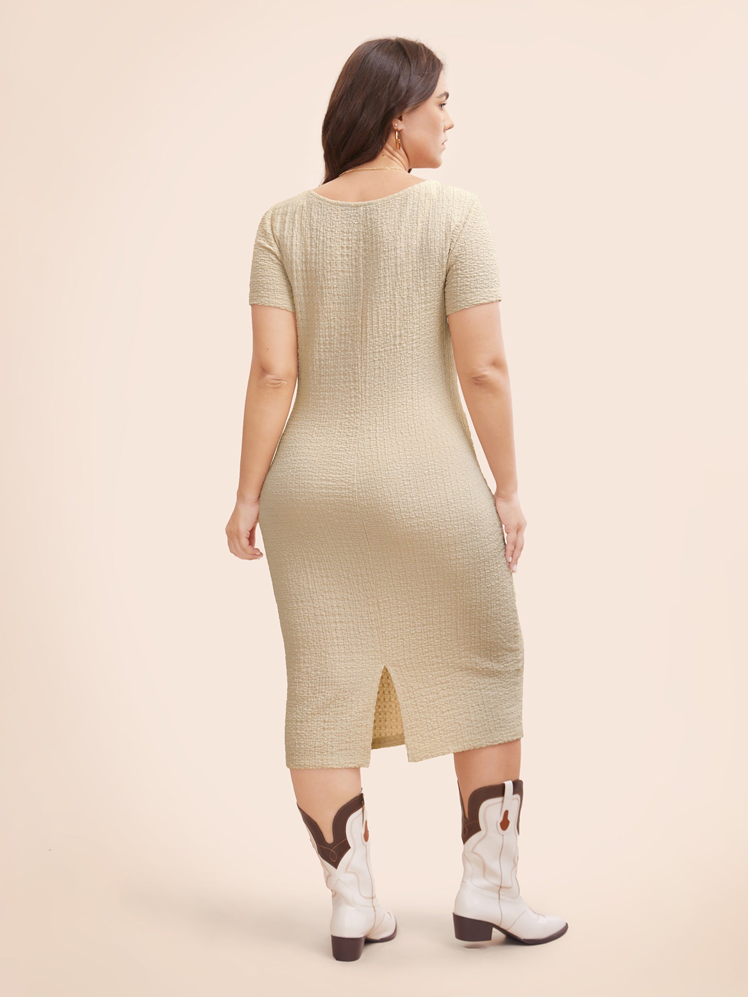U Neck Textured Split Hem Dress