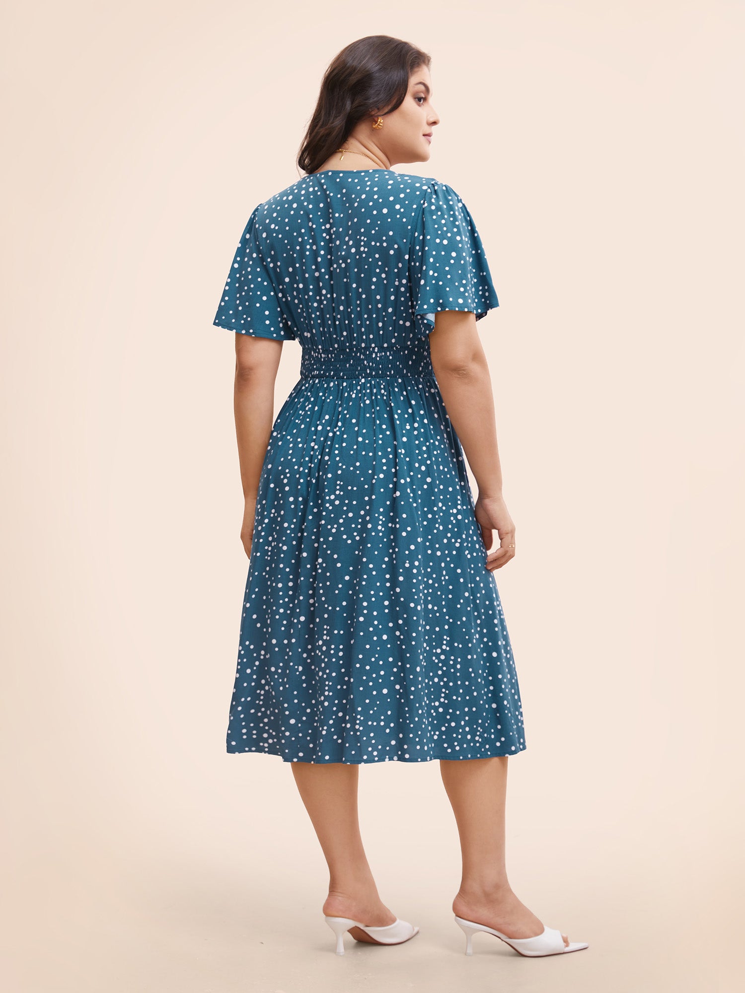 Polka Dot Wrap Pocket Shirred Ruffle Sleeve Dress