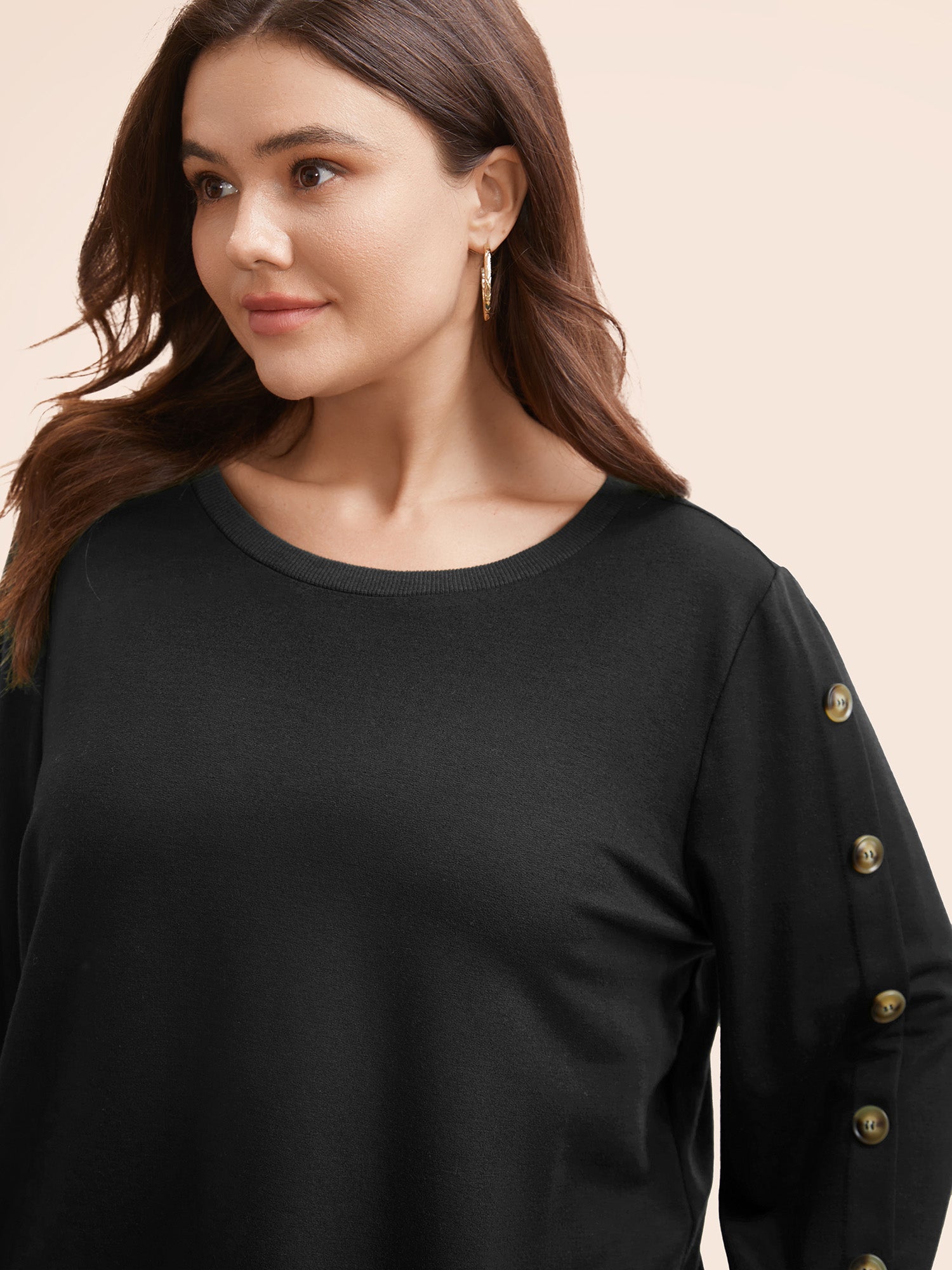 Crew Neck Patchwork Button Detail Sweatshirt