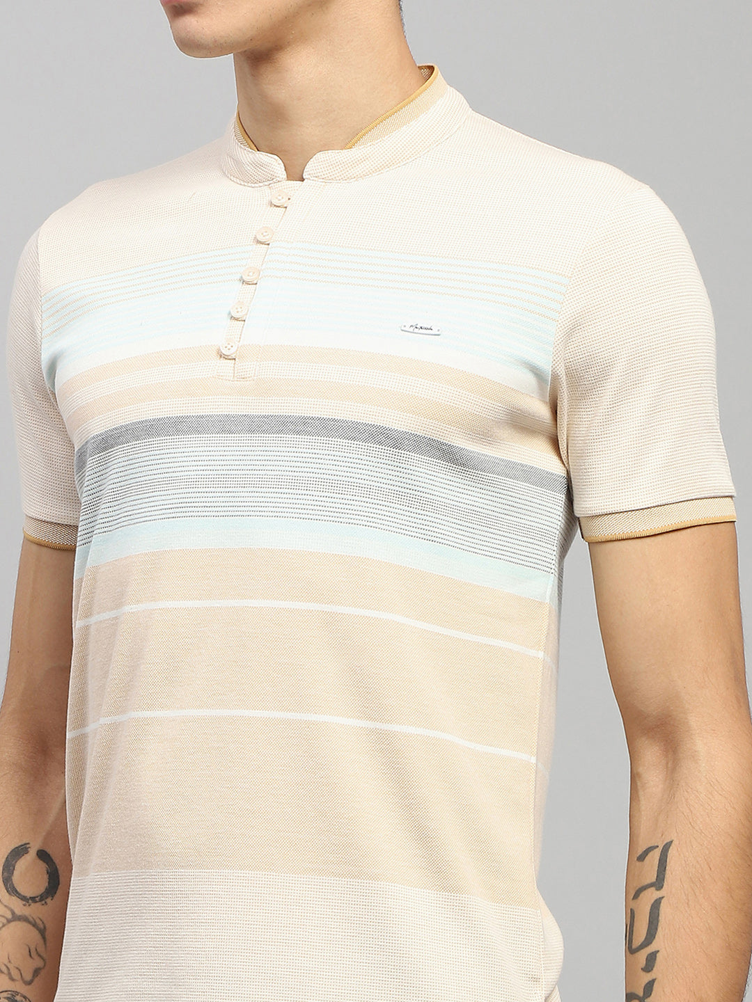 Men Beige Stripe Band Collar Half Sleeve T-Shirt