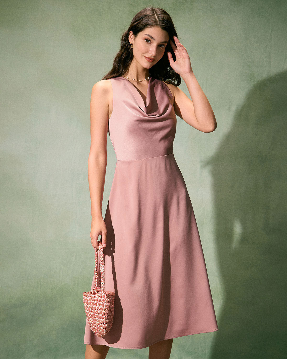 The Pink Cowl Neck Sleeveless Satin Midi Dress