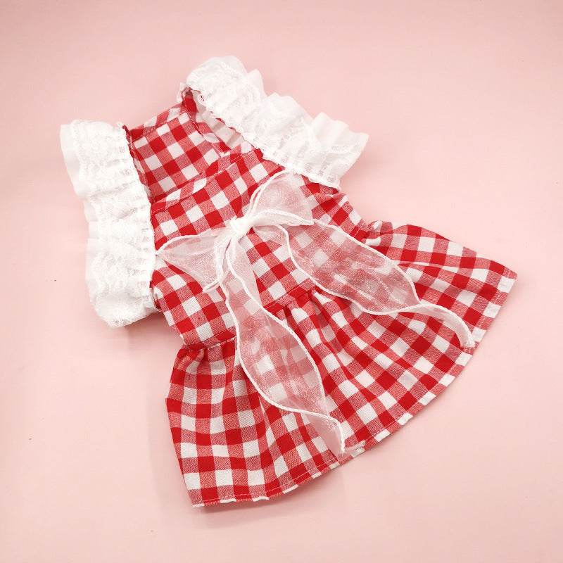 Plaid Lace Bow Dog Cat Dress