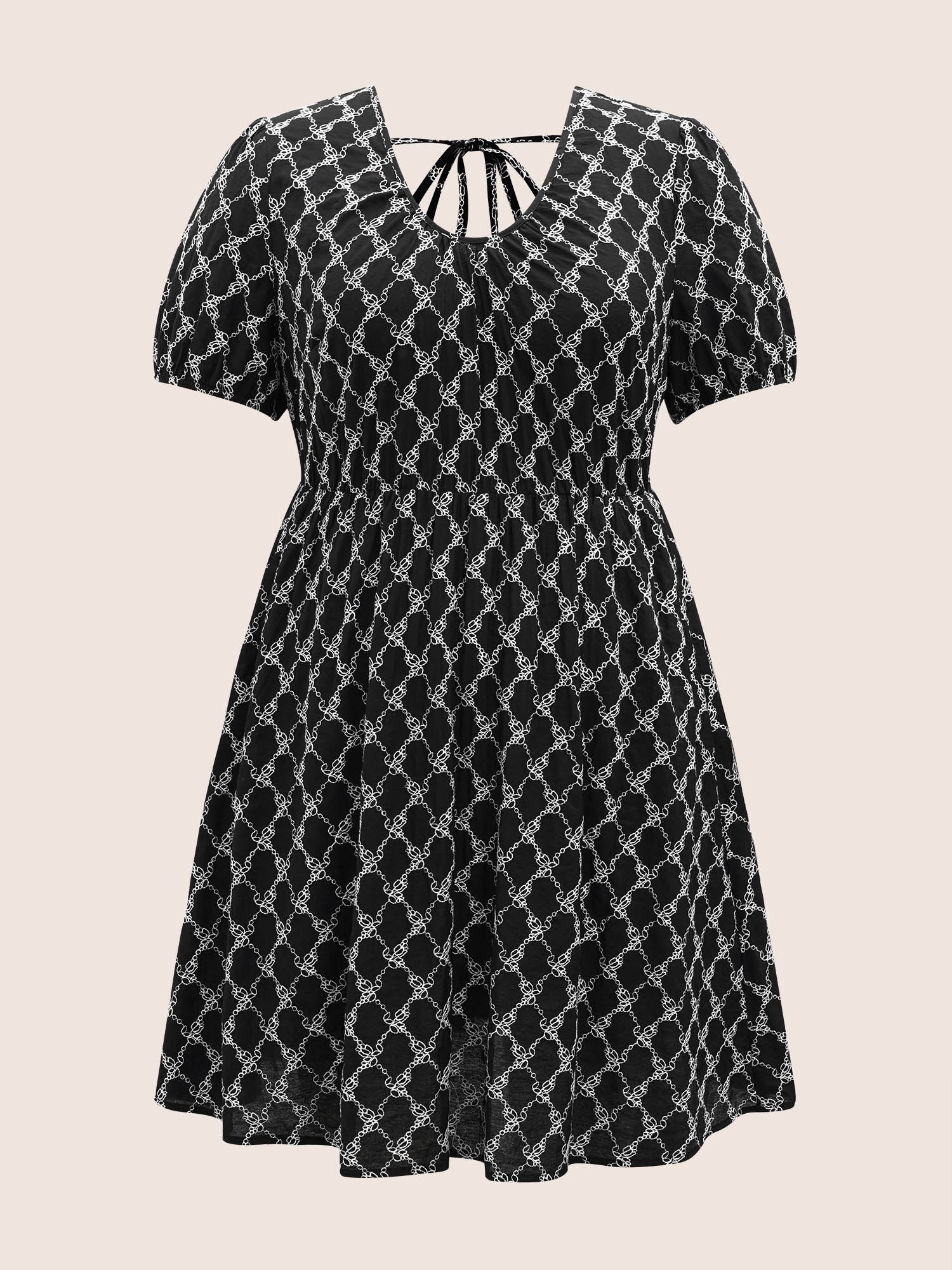 U Neck Geometric Tie Knot Puff Sleeve Dress