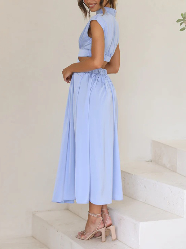 Cap Sleeve Belly-Hollow Pleated Solid Color Stand Collar Maxi Dresses
